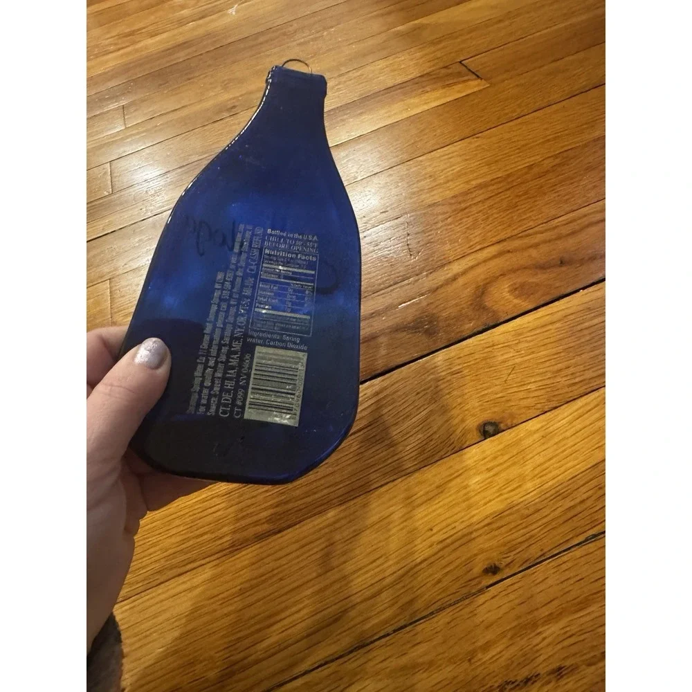 Vintage‎ Saratoga Flattened Blue water Bottle Wall Hanging Hook Upcycled Art